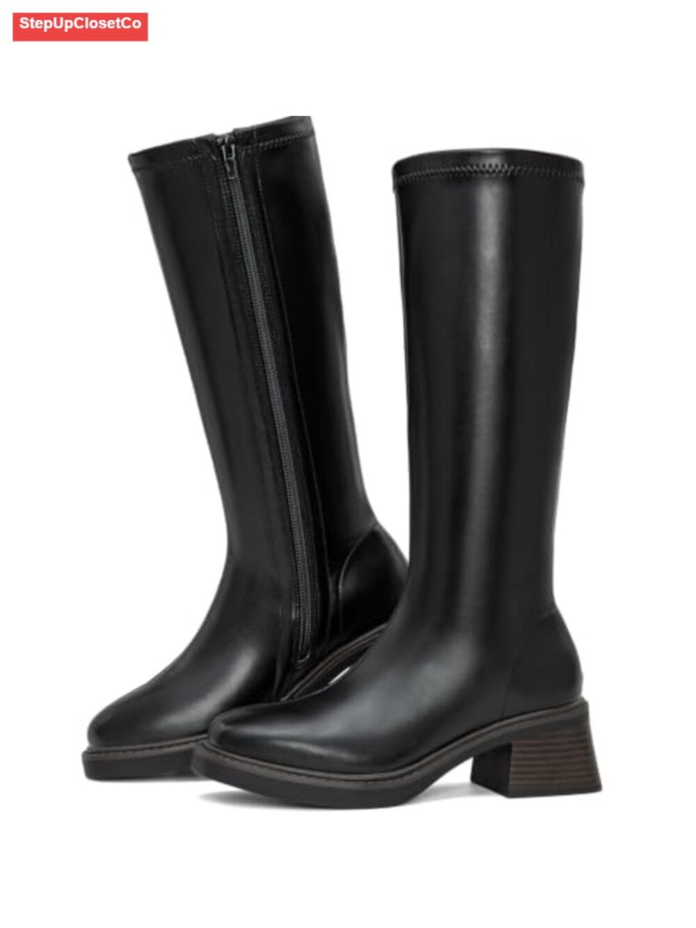 Faux Leather Knee High Boots Square Toe Low Block Heel Riding Boots